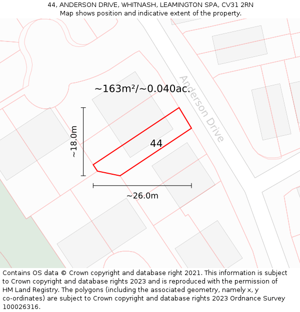 44, ANDERSON DRIVE, WHITNASH, LEAMINGTON SPA, CV31 2RN: Plot and title map