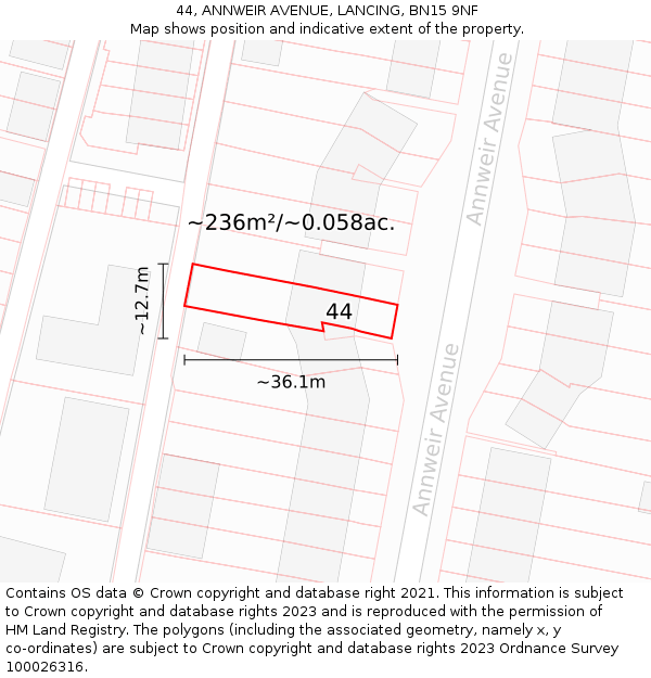 44, ANNWEIR AVENUE, LANCING, BN15 9NF: Plot and title map