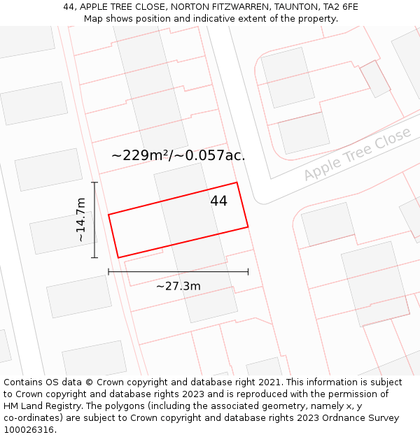 44, APPLE TREE CLOSE, NORTON FITZWARREN, TAUNTON, TA2 6FE: Plot and title map