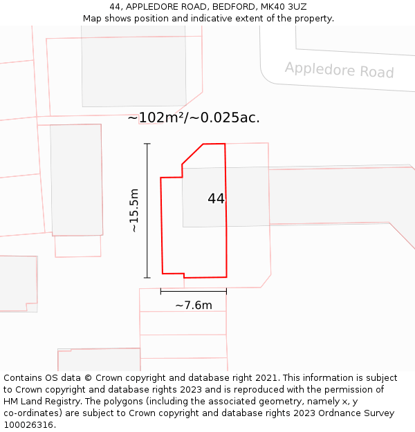 44, APPLEDORE ROAD, BEDFORD, MK40 3UZ: Plot and title map