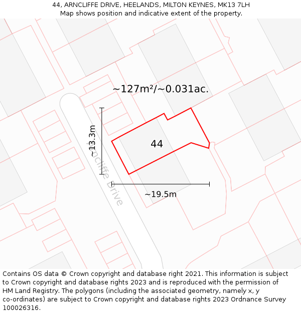 44, ARNCLIFFE DRIVE, HEELANDS, MILTON KEYNES, MK13 7LH: Plot and title map