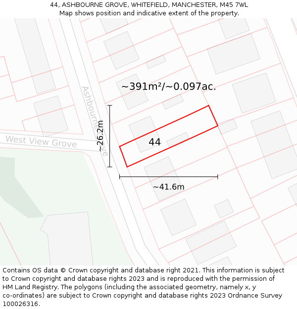 44, ASHBOURNE GROVE, WHITEFIELD, MANCHESTER, M45 7WL: Plot and title map