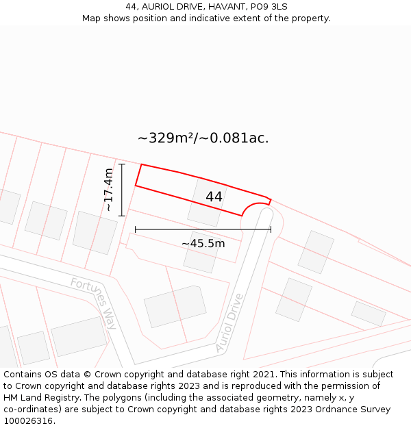 44, AURIOL DRIVE, HAVANT, PO9 3LS: Plot and title map