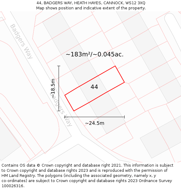 44, BADGERS WAY, HEATH HAYES, CANNOCK, WS12 3XQ: Plot and title map