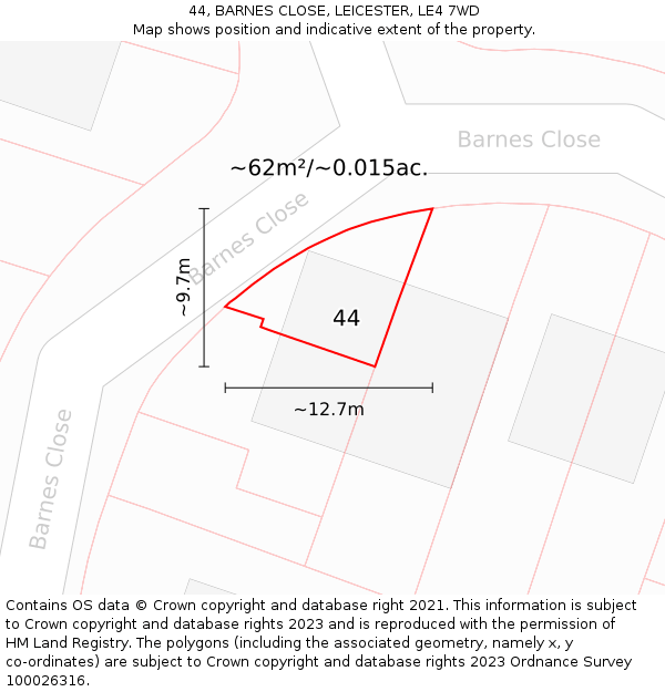 44, BARNES CLOSE, LEICESTER, LE4 7WD: Plot and title map