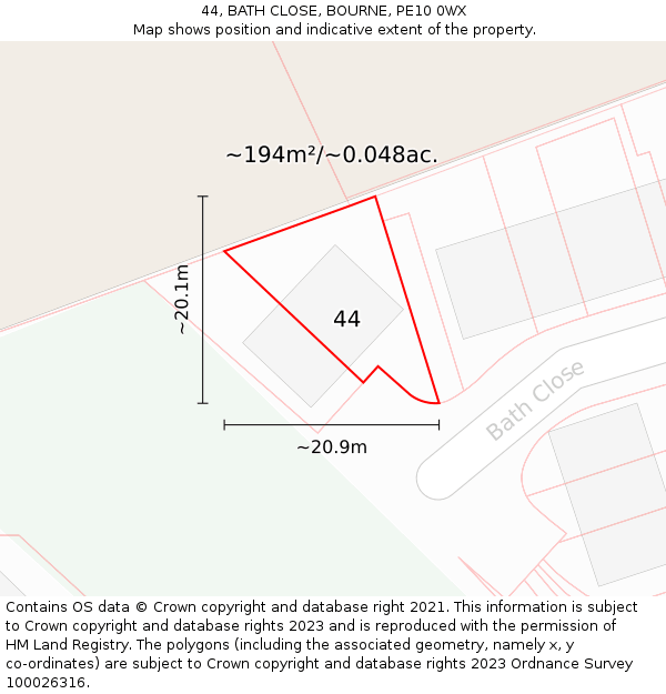 44, BATH CLOSE, BOURNE, PE10 0WX: Plot and title map