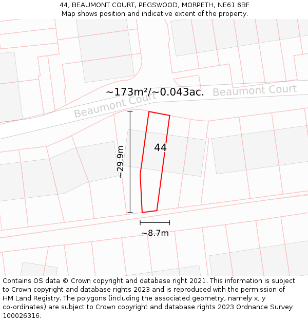 44, BEAUMONT COURT, PEGSWOOD, MORPETH, NE61 6BF: Plot and title map