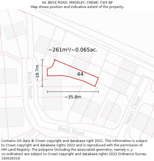 44, BECK ROAD, MADELEY, CREWE, CW3 9JF: Plot and title map