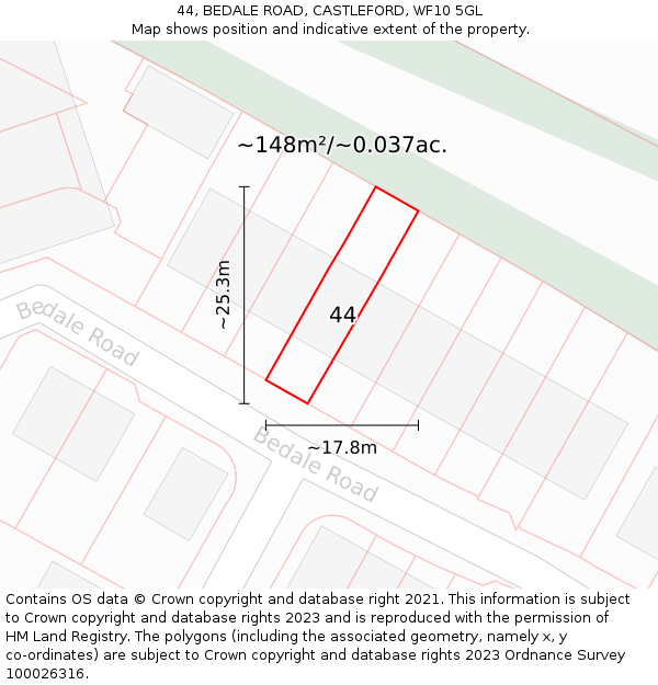 44, BEDALE ROAD, CASTLEFORD, WF10 5GL: Plot and title map