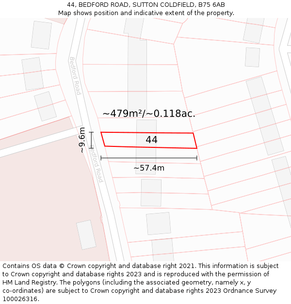 44, BEDFORD ROAD, SUTTON COLDFIELD, B75 6AB: Plot and title map