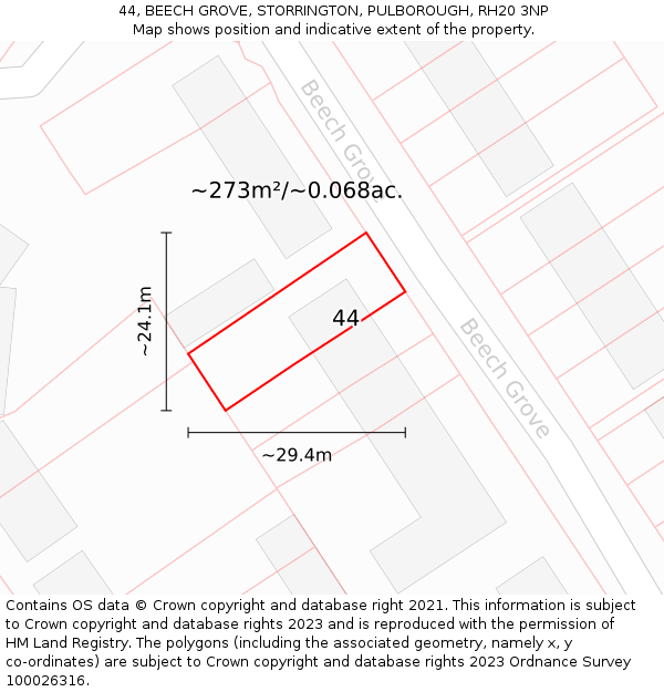 44, BEECH GROVE, STORRINGTON, PULBOROUGH, RH20 3NP: Plot and title map