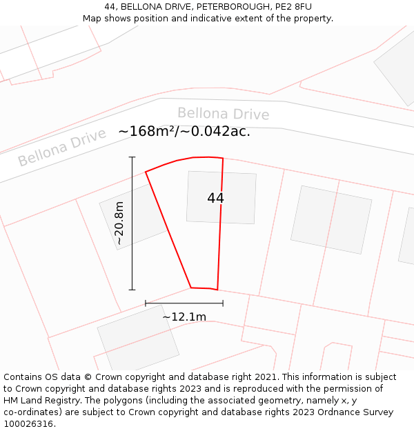 44, BELLONA DRIVE, PETERBOROUGH, PE2 8FU: Plot and title map