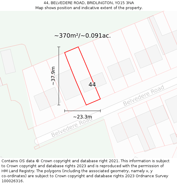 44, BELVEDERE ROAD, BRIDLINGTON, YO15 3NA: Plot and title map