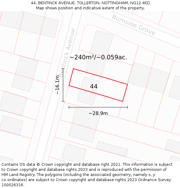 44, BENTINCK AVENUE, TOLLERTON, NOTTINGHAM, NG12 4ED: Plot and title map