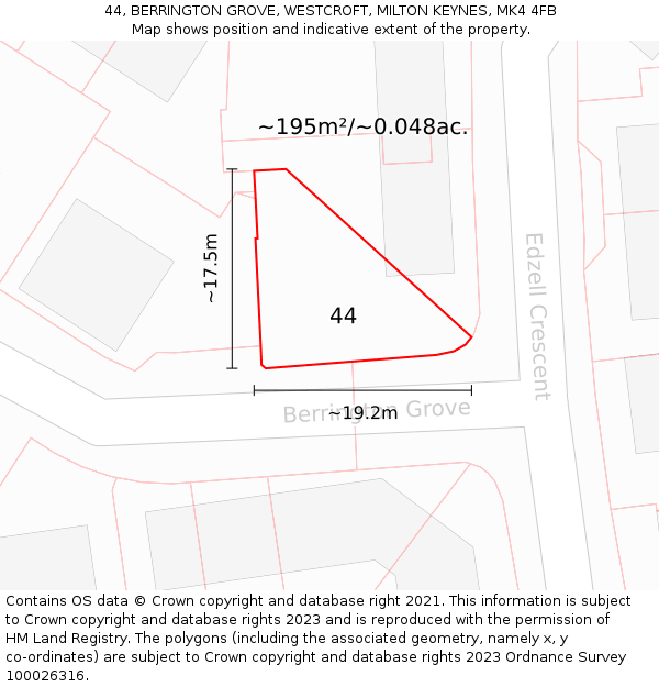 44, BERRINGTON GROVE, WESTCROFT, MILTON KEYNES, MK4 4FB: Plot and title map