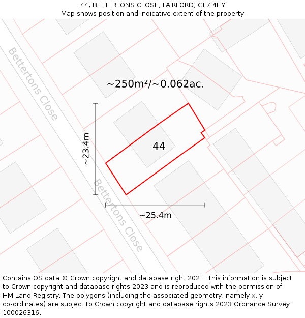 44, BETTERTONS CLOSE, FAIRFORD, GL7 4HY: Plot and title map