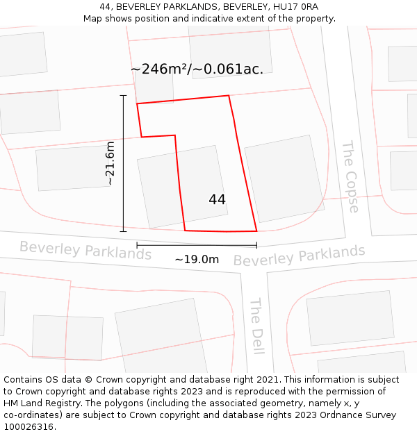 44, BEVERLEY PARKLANDS, BEVERLEY, HU17 0RA: Plot and title map