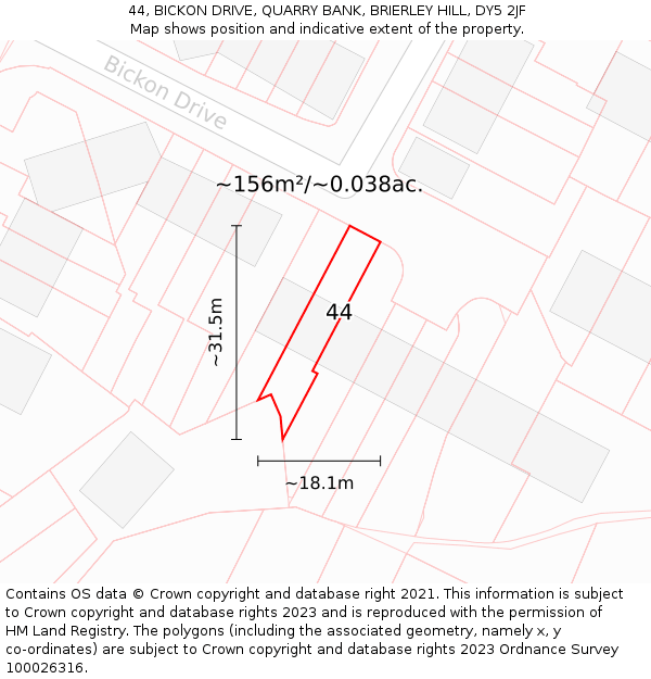 44, BICKON DRIVE, QUARRY BANK, BRIERLEY HILL, DY5 2JF: Plot and title map