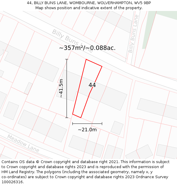 44, BILLY BUNS LANE, WOMBOURNE, WOLVERHAMPTON, WV5 9BP: Plot and title map