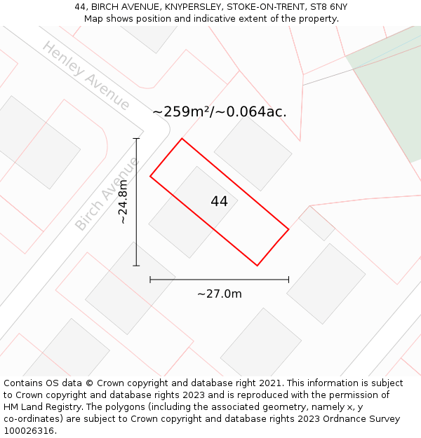 44, BIRCH AVENUE, KNYPERSLEY, STOKE-ON-TRENT, ST8 6NY: Plot and title map