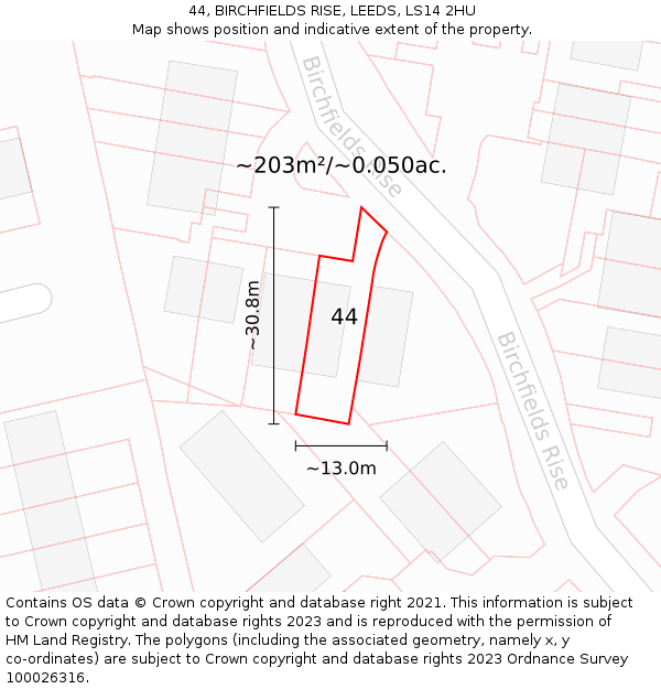 44, BIRCHFIELDS RISE, LEEDS, LS14 2HU: Plot and title map