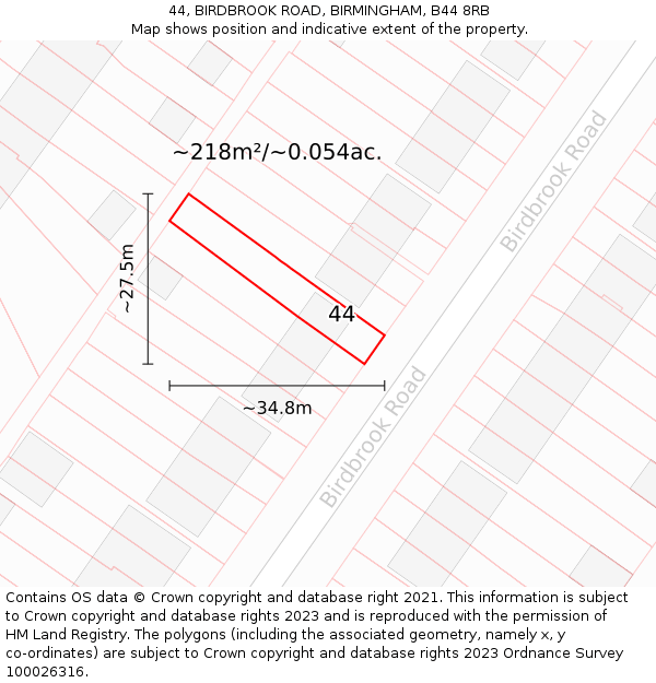 44, BIRDBROOK ROAD, BIRMINGHAM, B44 8RB: Plot and title map