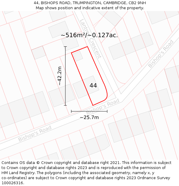 44, BISHOPS ROAD, TRUMPINGTON, CAMBRIDGE, CB2 9NH: Plot and title map