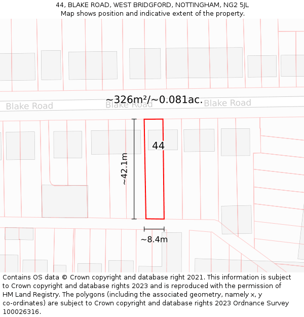 44, BLAKE ROAD, WEST BRIDGFORD, NOTTINGHAM, NG2 5JL: Plot and title map