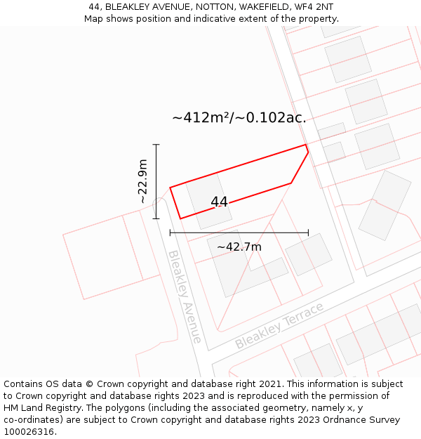 44, BLEAKLEY AVENUE, NOTTON, WAKEFIELD, WF4 2NT: Plot and title map