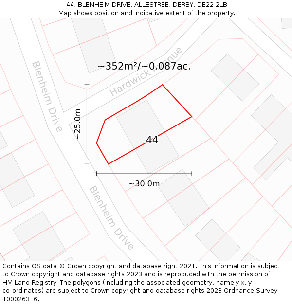 44, BLENHEIM DRIVE, ALLESTREE, DERBY, DE22 2LB: Plot and title map