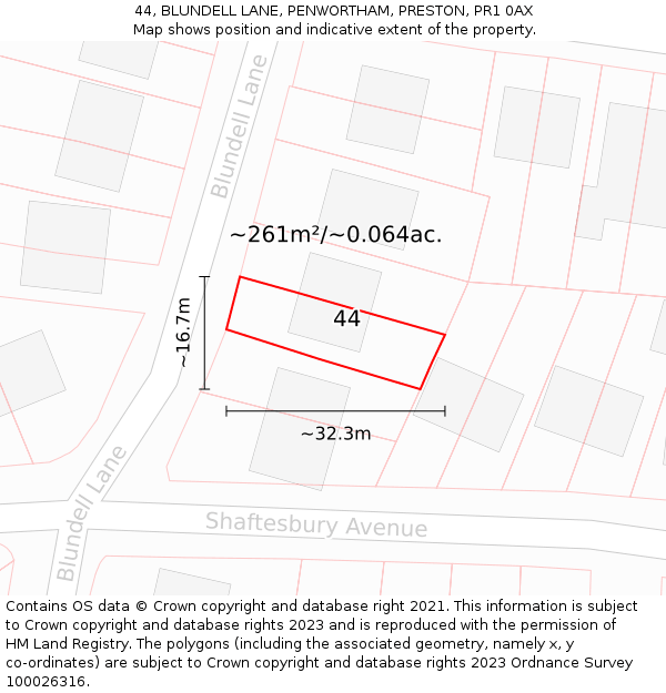 44, BLUNDELL LANE, PENWORTHAM, PRESTON, PR1 0AX: Plot and title map