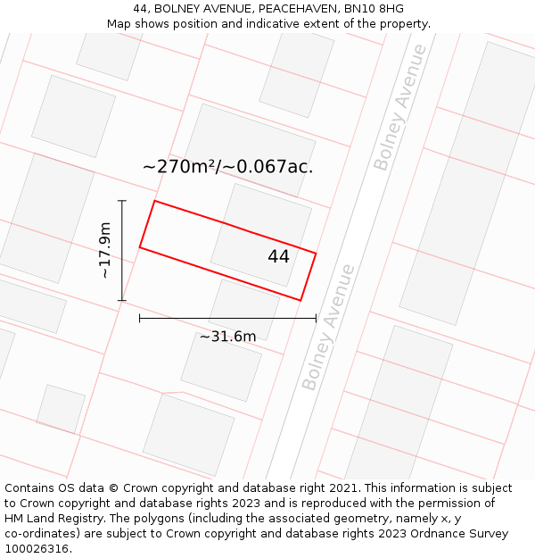 44, BOLNEY AVENUE, PEACEHAVEN, BN10 8HG: Plot and title map