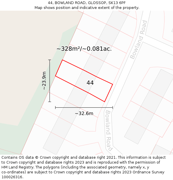 44, BOWLAND ROAD, GLOSSOP, SK13 6PF: Plot and title map