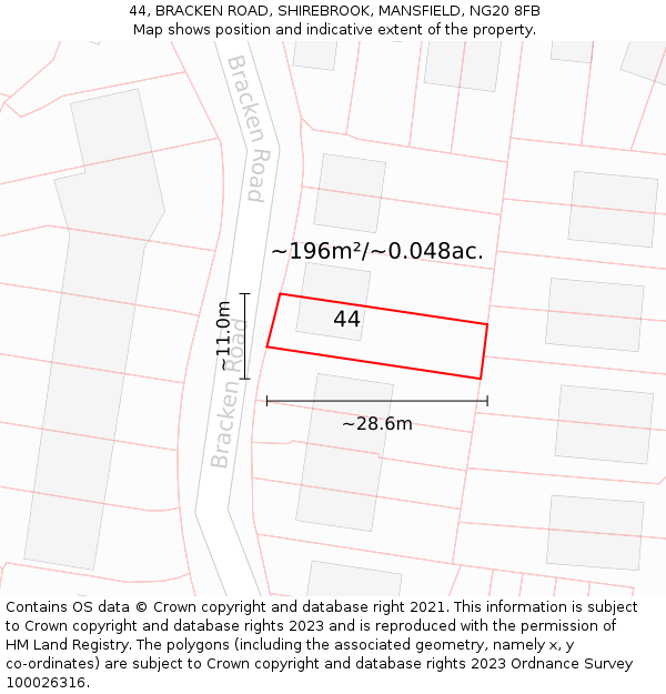 44, BRACKEN ROAD, SHIREBROOK, MANSFIELD, NG20 8FB: Plot and title map