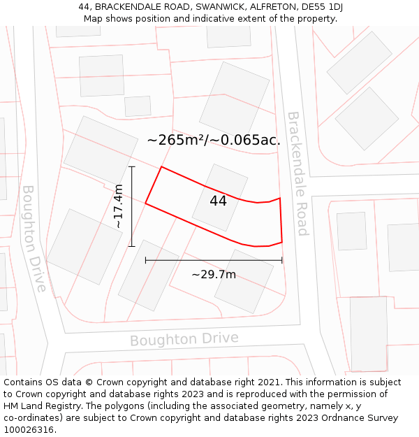 44, BRACKENDALE ROAD, SWANWICK, ALFRETON, DE55 1DJ: Plot and title map