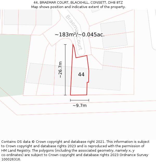 44, BRAEMAR COURT, BLACKHILL, CONSETT, DH8 8TZ: Plot and title map