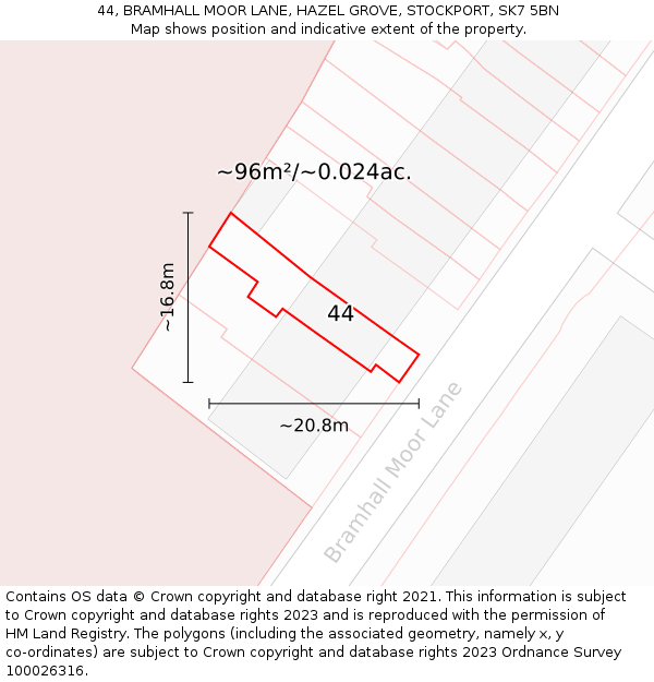 44, BRAMHALL MOOR LANE, HAZEL GROVE, STOCKPORT, SK7 5BN: Plot and title map