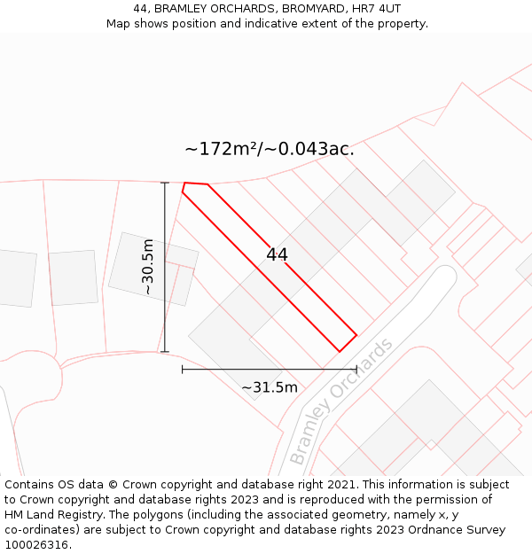 44, BRAMLEY ORCHARDS, BROMYARD, HR7 4UT: Plot and title map