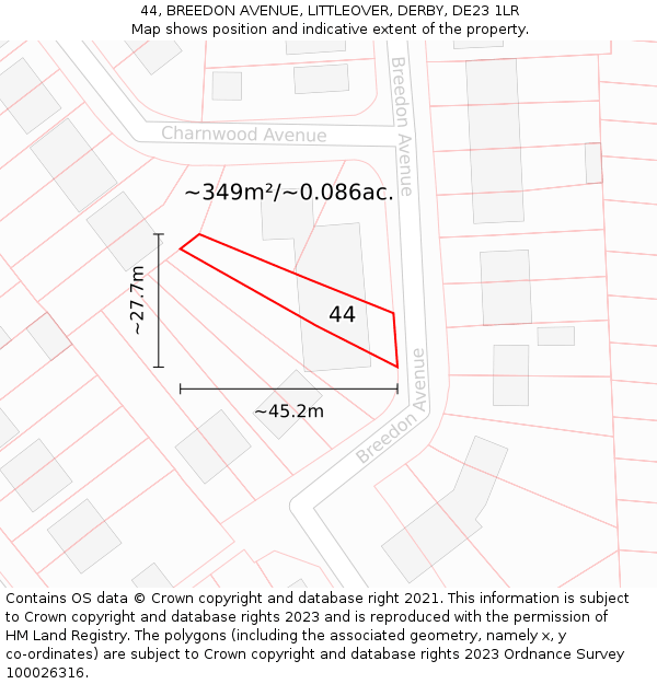 44, BREEDON AVENUE, LITTLEOVER, DERBY, DE23 1LR: Plot and title map