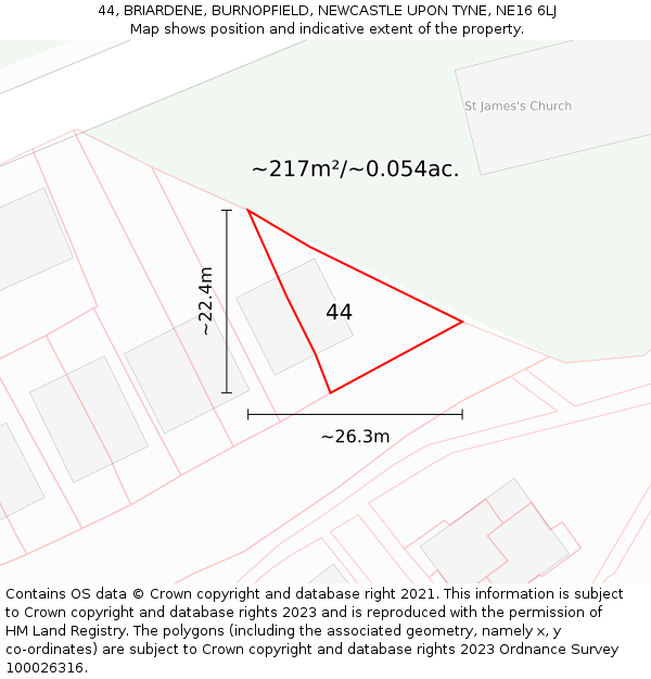 44, BRIARDENE, BURNOPFIELD, NEWCASTLE UPON TYNE, NE16 6LJ: Plot and title map