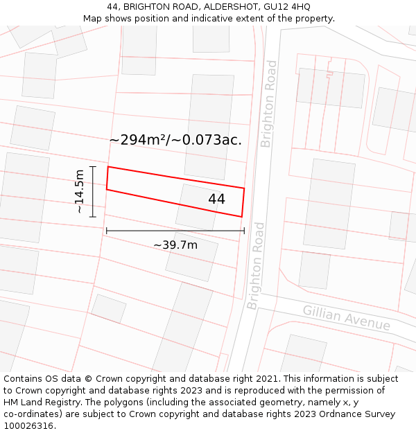 44, BRIGHTON ROAD, ALDERSHOT, GU12 4HQ: Plot and title map