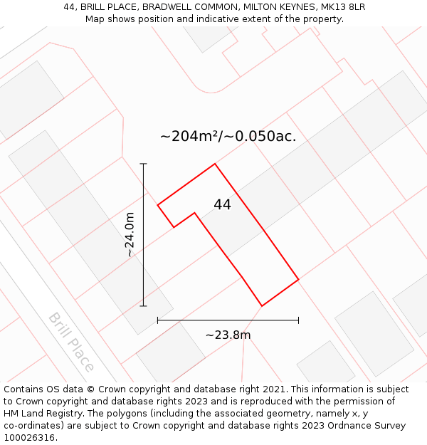 44, BRILL PLACE, BRADWELL COMMON, MILTON KEYNES, MK13 8LR: Plot and title map