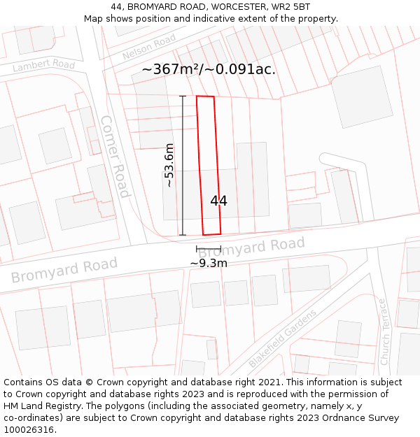 44, BROMYARD ROAD, WORCESTER, WR2 5BT: Plot and title map