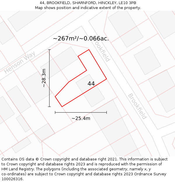 44, BROOKFIELD, SHARNFORD, HINCKLEY, LE10 3PB: Plot and title map