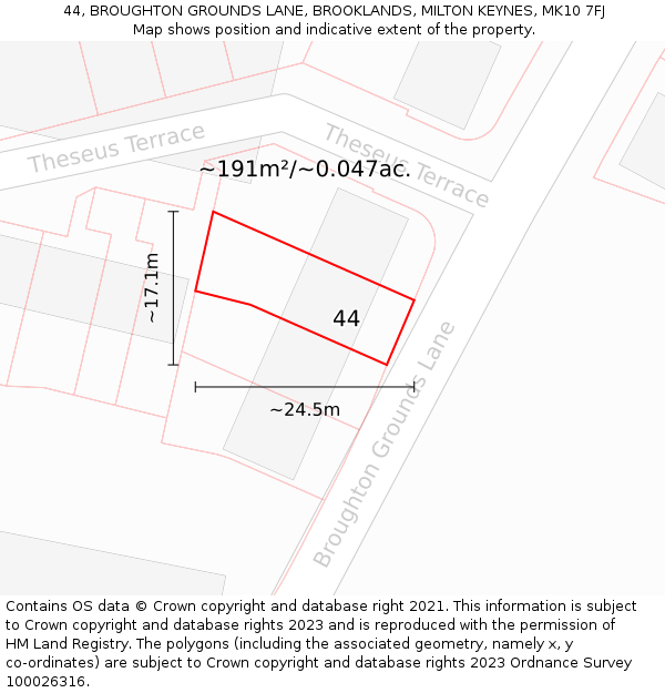 44, BROUGHTON GROUNDS LANE, BROOKLANDS, MILTON KEYNES, MK10 7FJ: Plot and title map