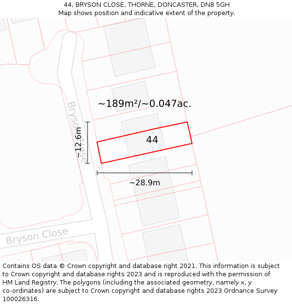 44, BRYSON CLOSE, THORNE, DONCASTER, DN8 5GH: Plot and title map