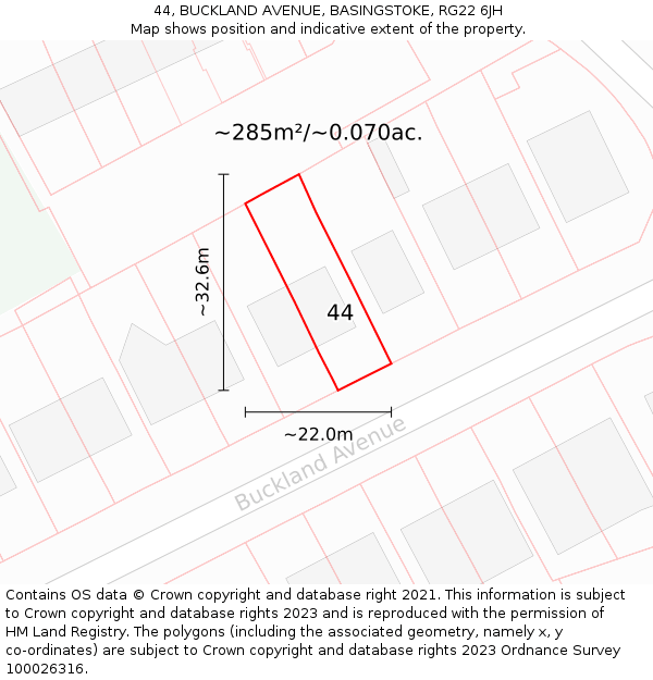 44, BUCKLAND AVENUE, BASINGSTOKE, RG22 6JH: Plot and title map