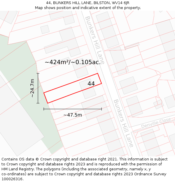 44, BUNKERS HILL LANE, BILSTON, WV14 6JR: Plot and title map