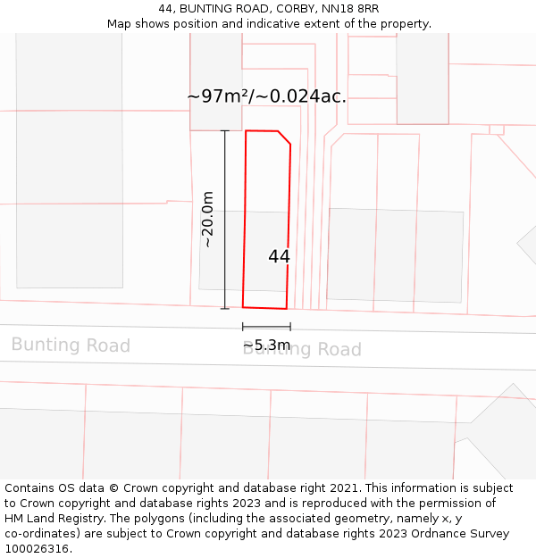 44, BUNTING ROAD, CORBY, NN18 8RR: Plot and title map