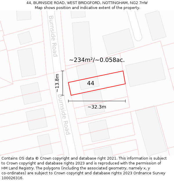 44, BURNSIDE ROAD, WEST BRIDGFORD, NOTTINGHAM, NG2 7HW: Plot and title map